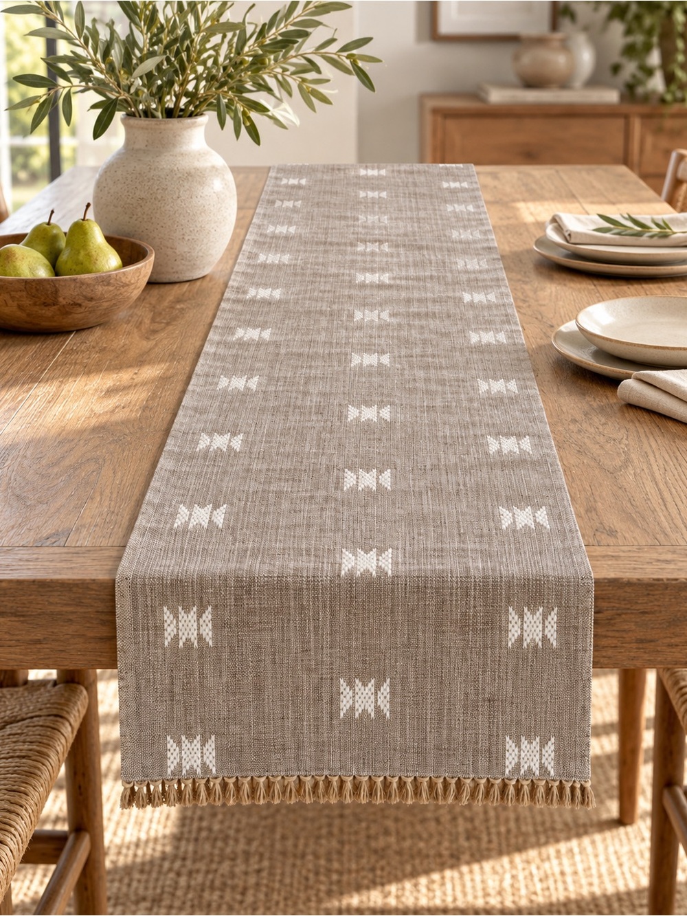 World Market Taupe Ivory Geometric Embroidered Fringe Table Runner 13x72